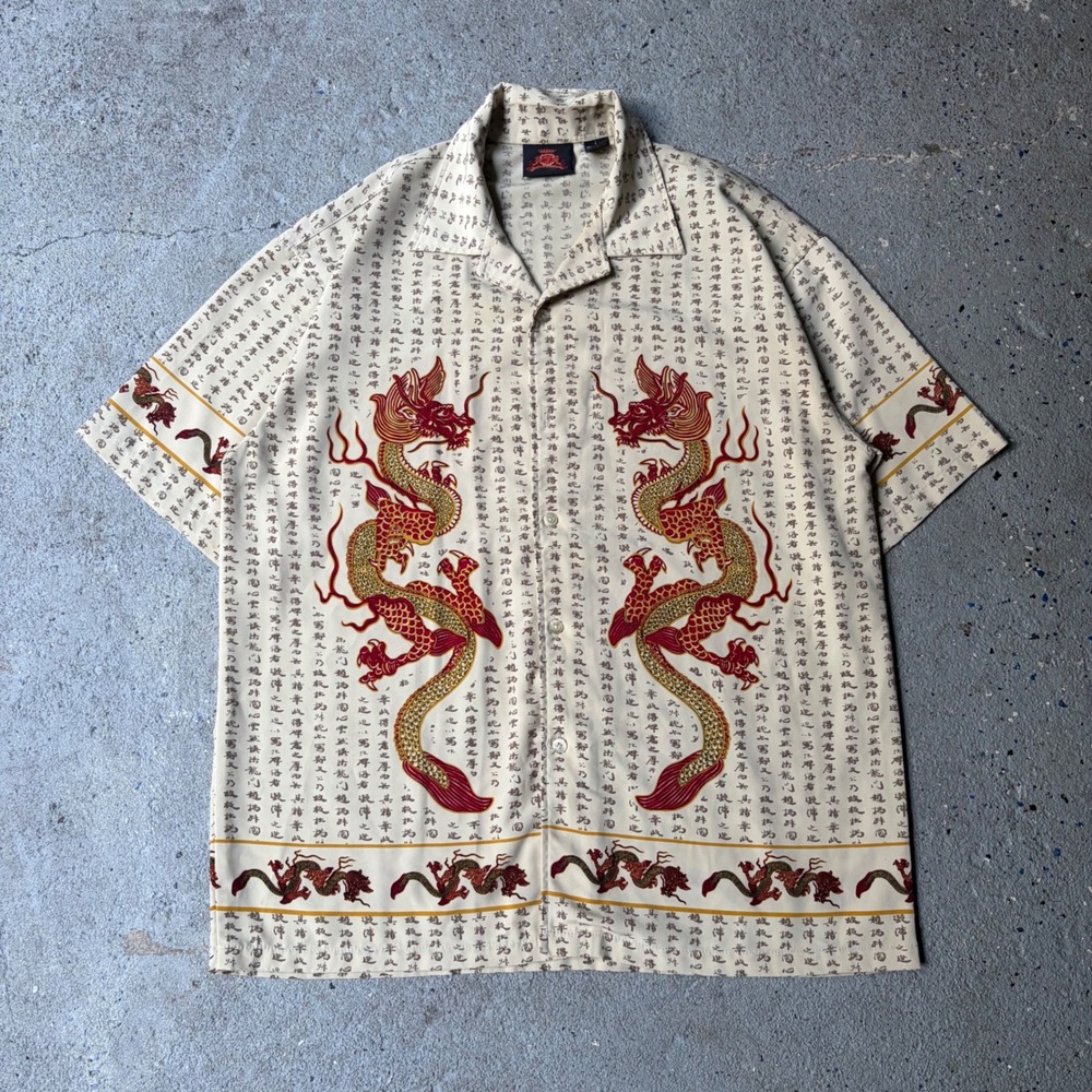 Seven7 Mens Dragon Calligraphy Graphic Button Down Shirt Cream Red Large